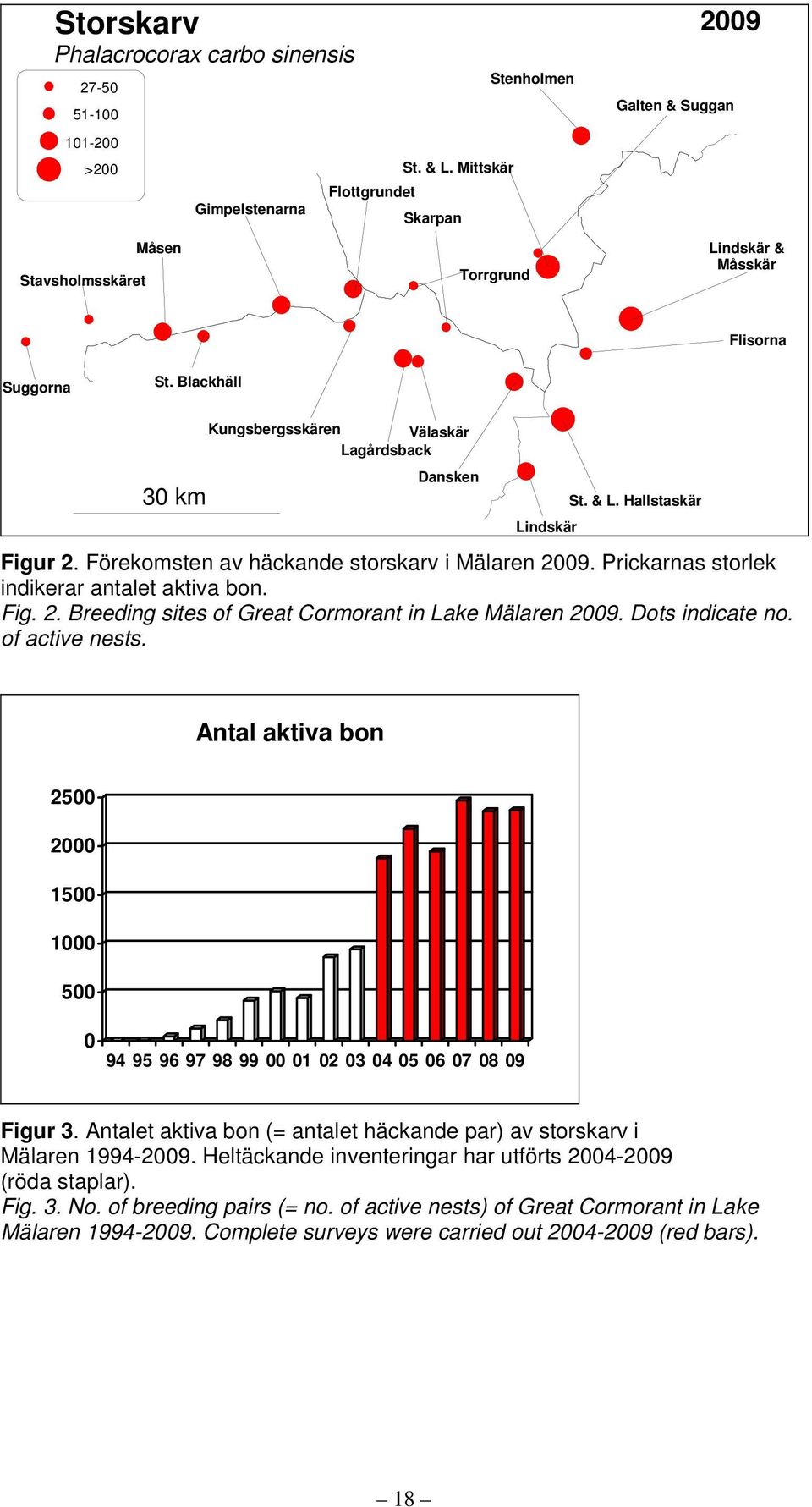 Förekomsten av häckande storskarv i Mälaren 2009. Prickarnas storlek indikerar antalet aktiva bon. Fig. 2. Breeding sites of Great Cormorant in Lake Mälaren 2009. Dots indicate no. of active nests.