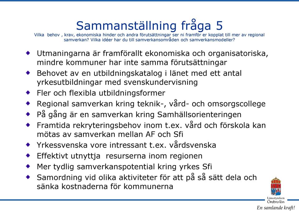 Utmaningarna är framförallt ekonomiska och organisatoriska, mindre kommuner har inte samma förutsättningar Behovet av en utbildningskatalog i länet med ett antal yrkesutbildningar med