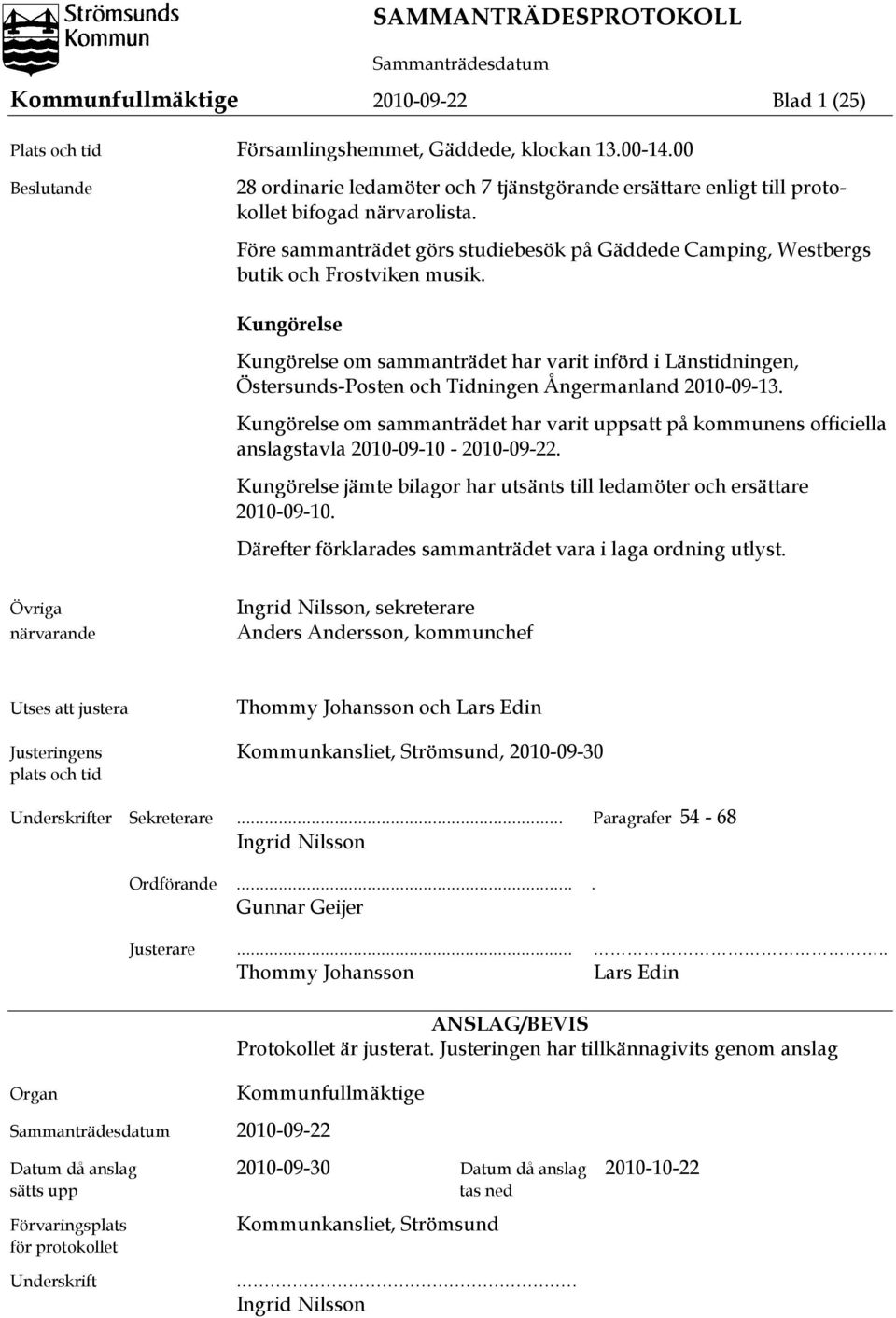 Före sammanträdet görs studiebesök på Gäddede Camping, Westbergs butik och Frostviken musik.