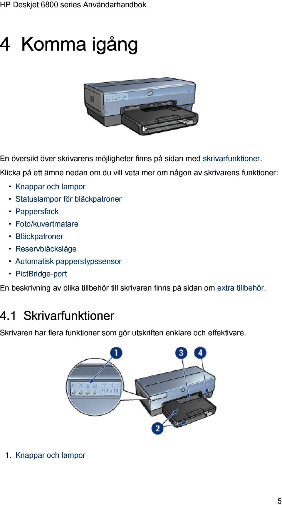 Pappersfack Foto/kuvertmatare Bläckpatroner Reservbläcksläge Automatisk papperstypssensor PictBridge-port En beskrivning av olika