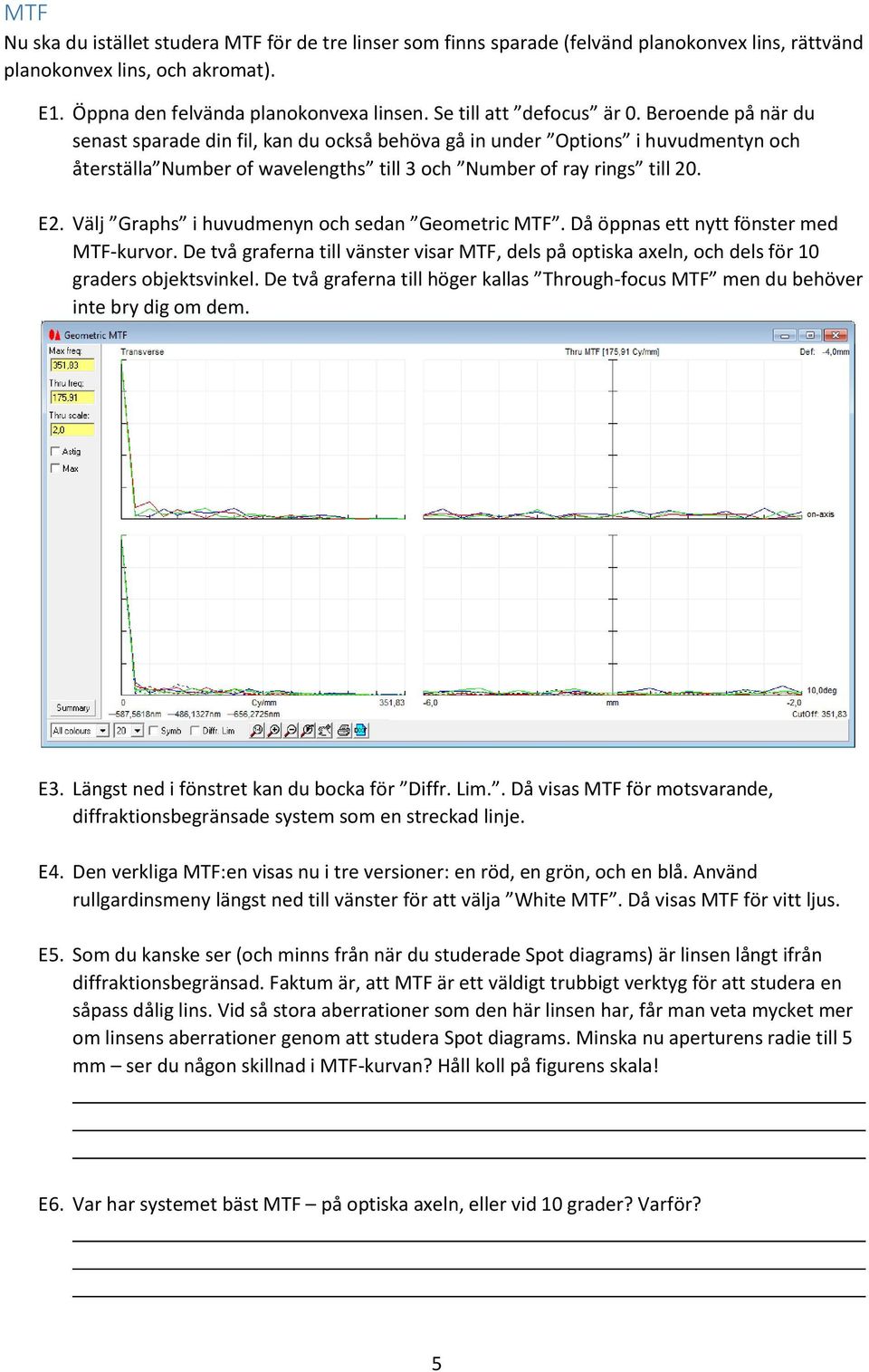 E2. Välj Graphs i huvudmenyn och sedan Geometric MTF. Då öppnas ett nytt fönster med MTF-kurvor. De två graferna till vänster visar MTF, dels på optiska axeln, och dels för 10 graders objektsvinkel.