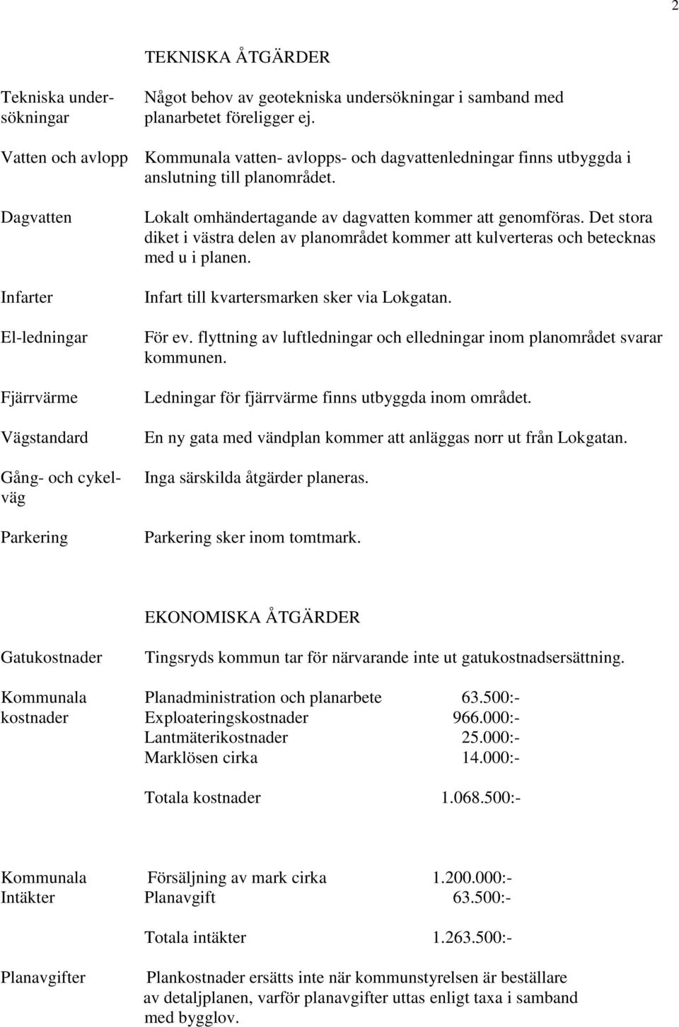 Dagvatten Infarter El-ledningar Fjärrvärme Vägstandard Gång- och cykelväg Parkering Lokalt omhändertagande av dagvatten kommer att genomföras.