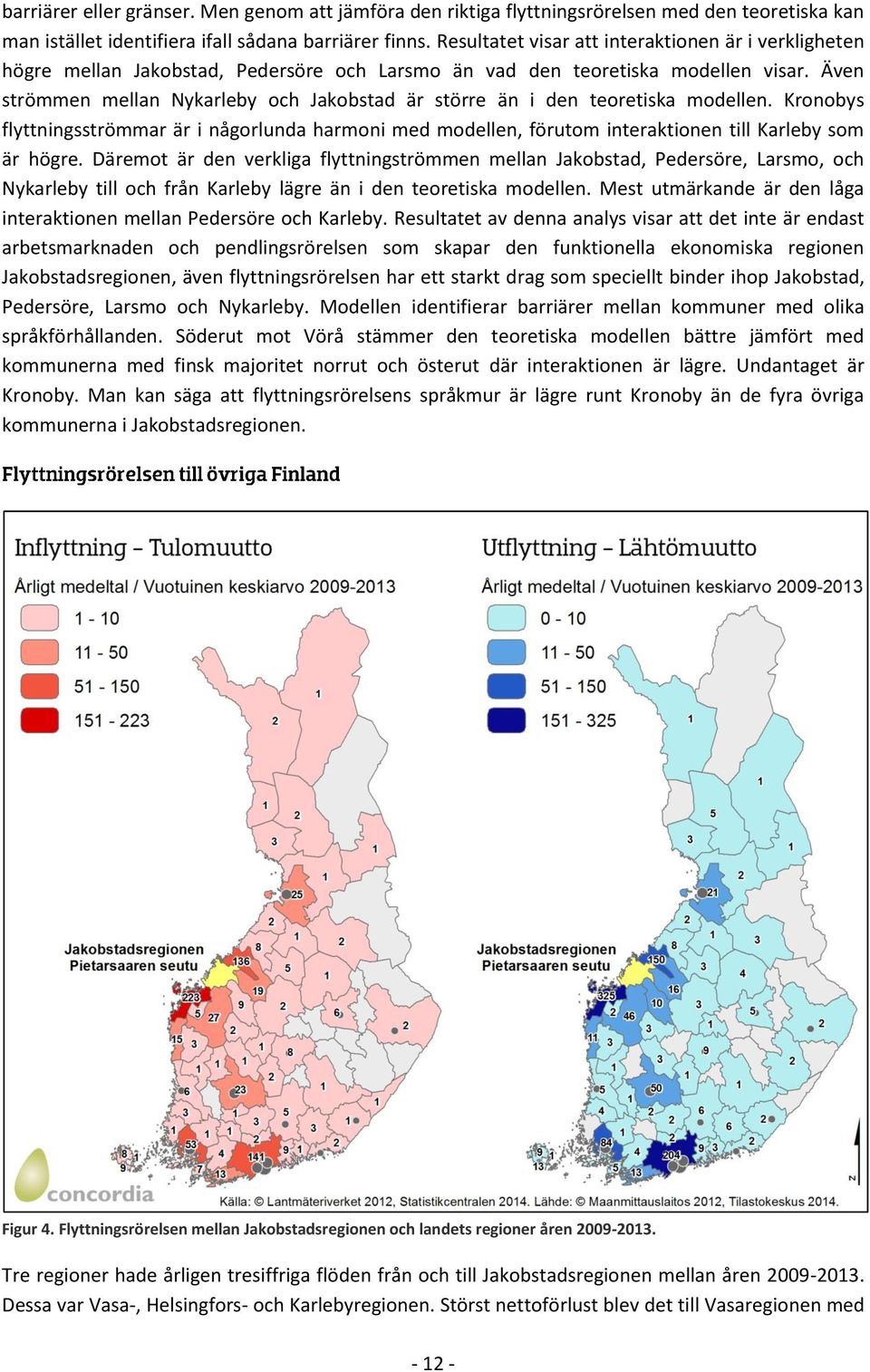 Även strömmen mellan Nykarleby och Jakobstad är större än i den teoretiska modellen. Kronobys flyttningsströmmar är i någorlunda harmoni med modellen, förutom interaktionen till Karleby som är högre.