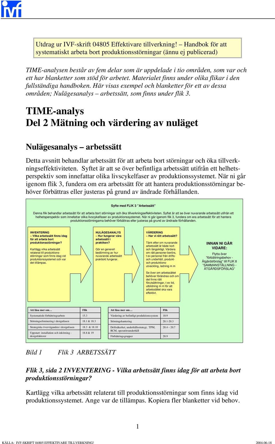 TIME-analys Del 2 Mätning och värdering av nuläget Nulägesanalys arbetssätt Detta avsnitt behandlar arbetssätt för att arbeta bort störningar och öka tillverkningseffektiviteten.