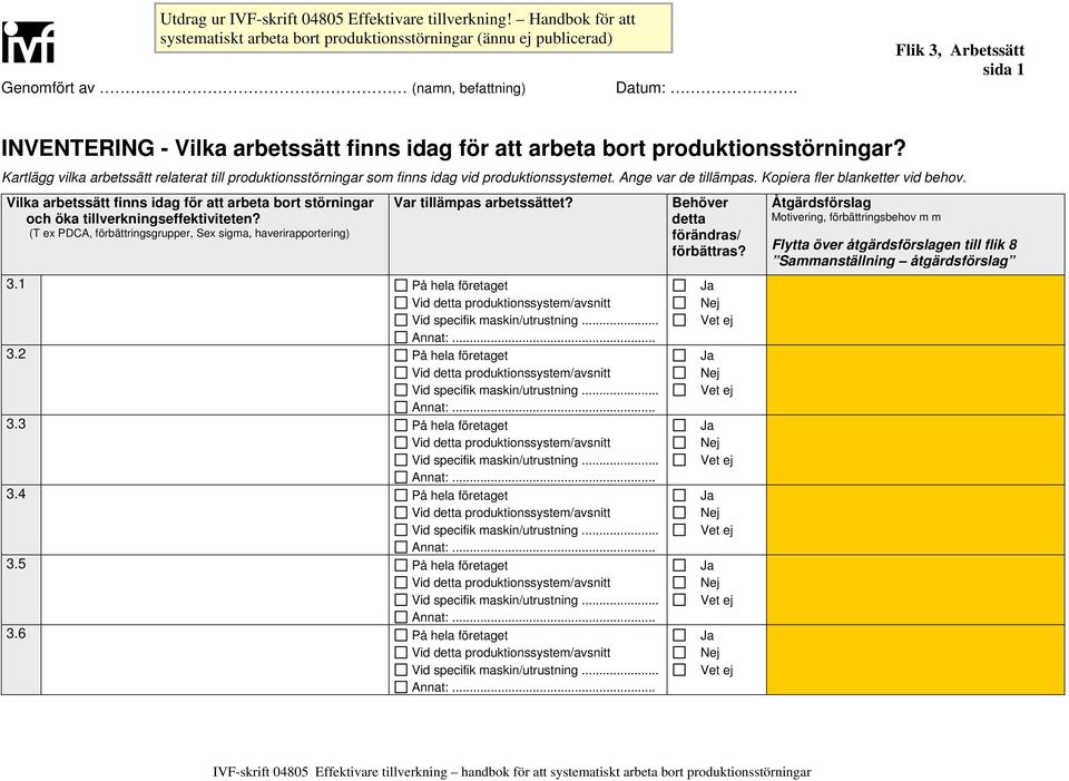 Kopiera fler blanketter vid behov. Vilka arbetssätt finns idag för att arbeta bort störningar och öka tillverkningseffektiviteten?