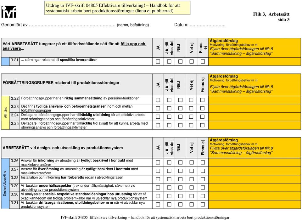 22 Förbättringsgrupper har en riktig sammansättning av personer/funktioner Allmänt 3.23 Det finns tydliga ansvars- och befogenhetsgränser inom och mellan förbättringsgrupper 3.