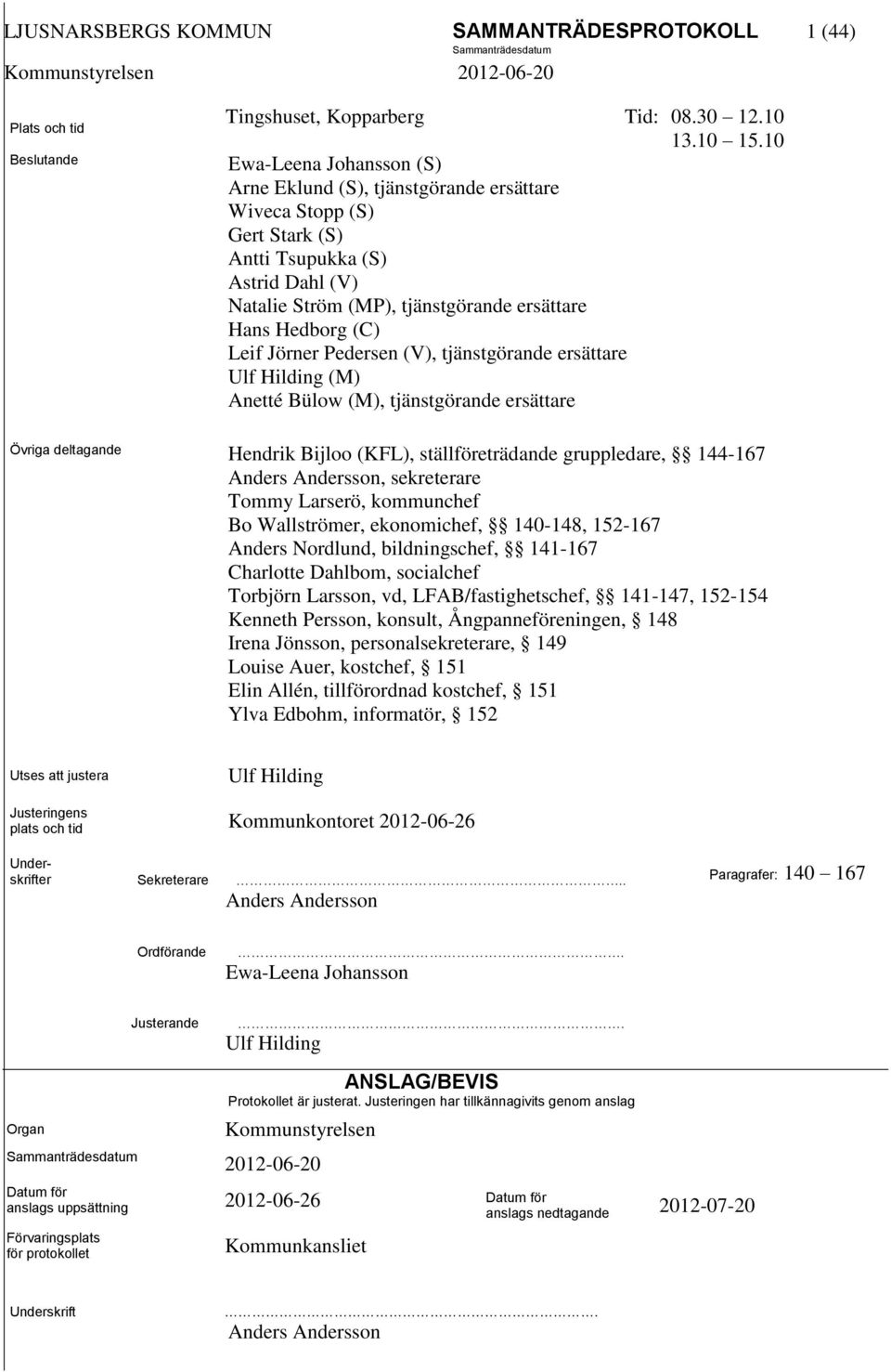 Leif Jörner Pedersen (V), tjänstgörande ersättare Ulf Hilding (M) Anetté Bülow (M), tjänstgörande ersättare Övriga deltagande Hendrik Bijloo (KFL), ställföreträdande gruppledare, 144-167 Anders