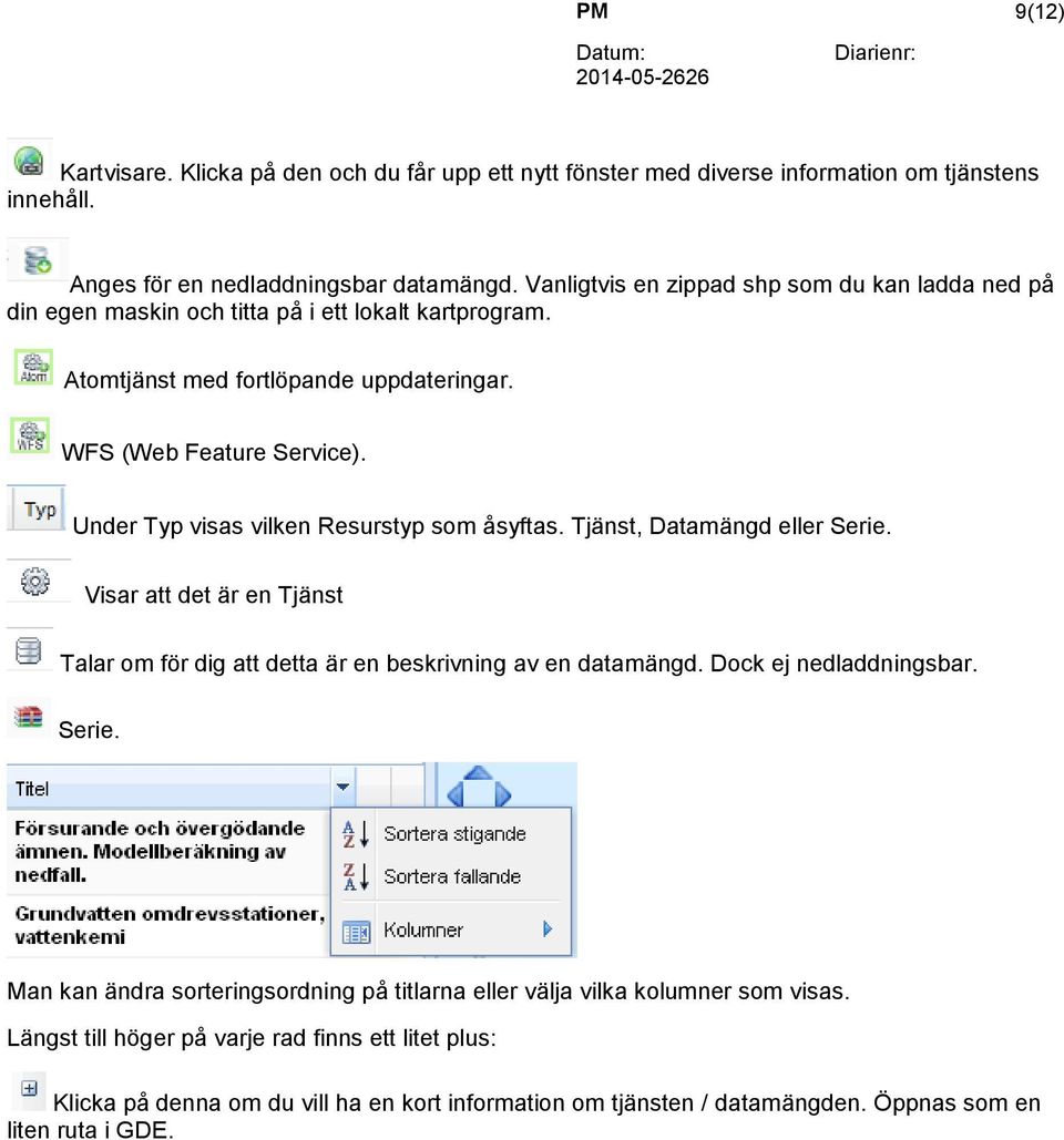 Under Typ visas vilken Resurstyp som åsyftas. Tjänst, Datamängd eller Serie. Visar att det är en Tjänst Talar om dig att detta är en beskrivning av en datamängd. Dock ej nedladdningsbar. Serie. Man kan ändra sorteringsordning på titlarna eller välja vilka kolumner som visas.