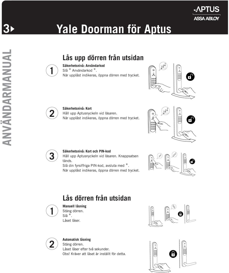 3 Säkerhetsnivå: Kort och PIN-kod Håll upp Aptusnyckeln vid läsaren. Knappsatsen tänds. Slå din fyrsiffriga PIN-kod, avsluta med *.