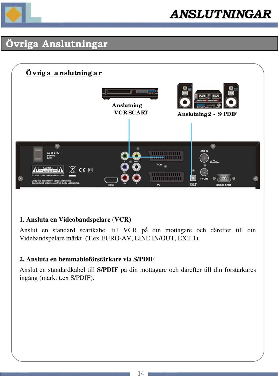 din Videbandspelare märkt (T.ex EURO-AV, LINE IN/OUT, EXT.1). 2.