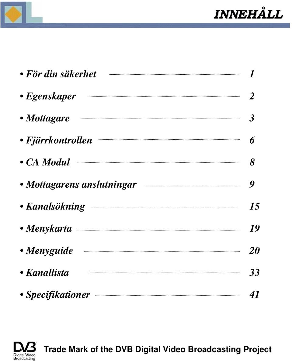 Kanalsökning 15 Menykarta 19 Menyguide 20 Kanallista 33