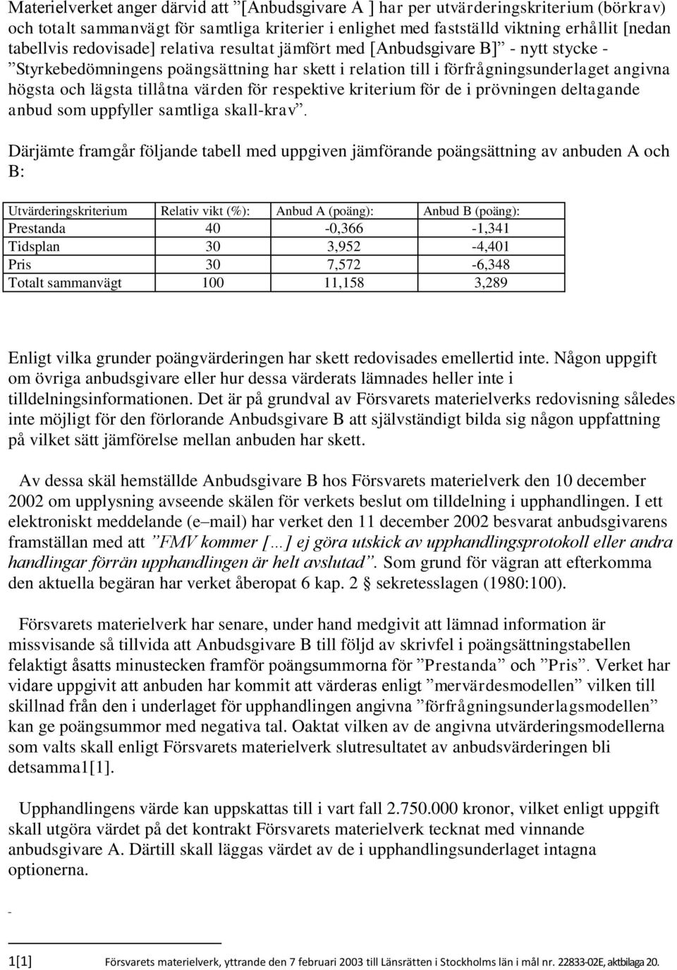 värden för respektive kriterium för de i prövningen deltagande anbud som uppfyller samtliga skall-krav.