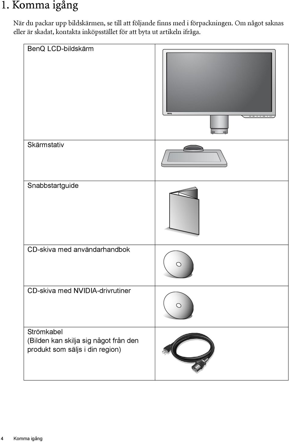 BenQ LCD-bildskärm Skärmstativ Snabbstartguide CD-skiva med användarhandbok CD-skiva med