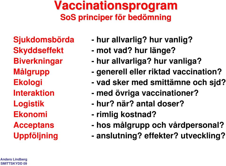 - hur allvarliga? hur vanliga? - generell eller riktad vaccination? - vad sker med smittämne och sjd?