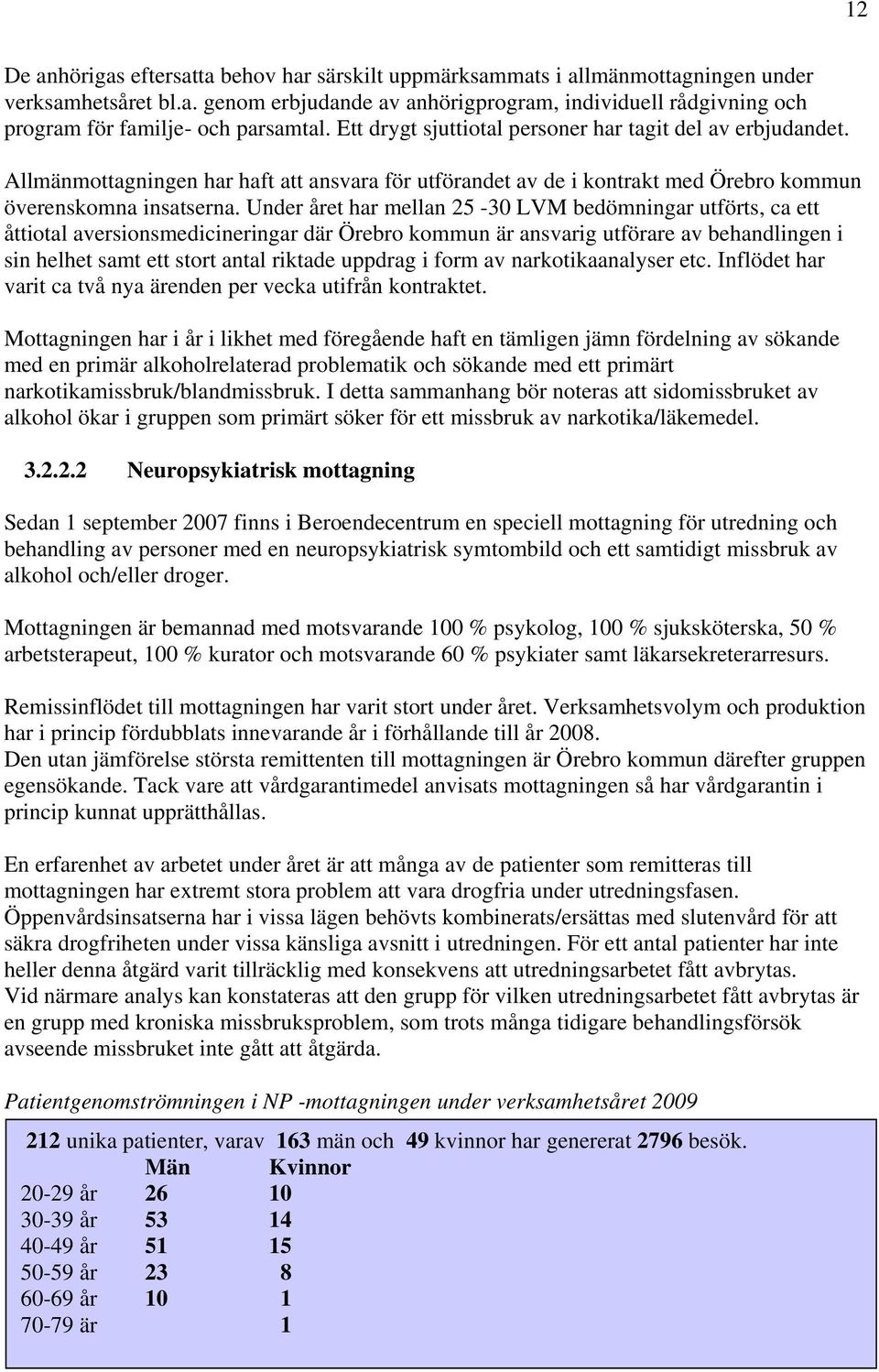Under året har mellan 25-30 LVM bedömningar utförts, ca ett åttiotal aversionsmedicineringar där Örebro kommun är ansvarig utförare av behandlingen i sin helhet samt ett stort antal riktade uppdrag i