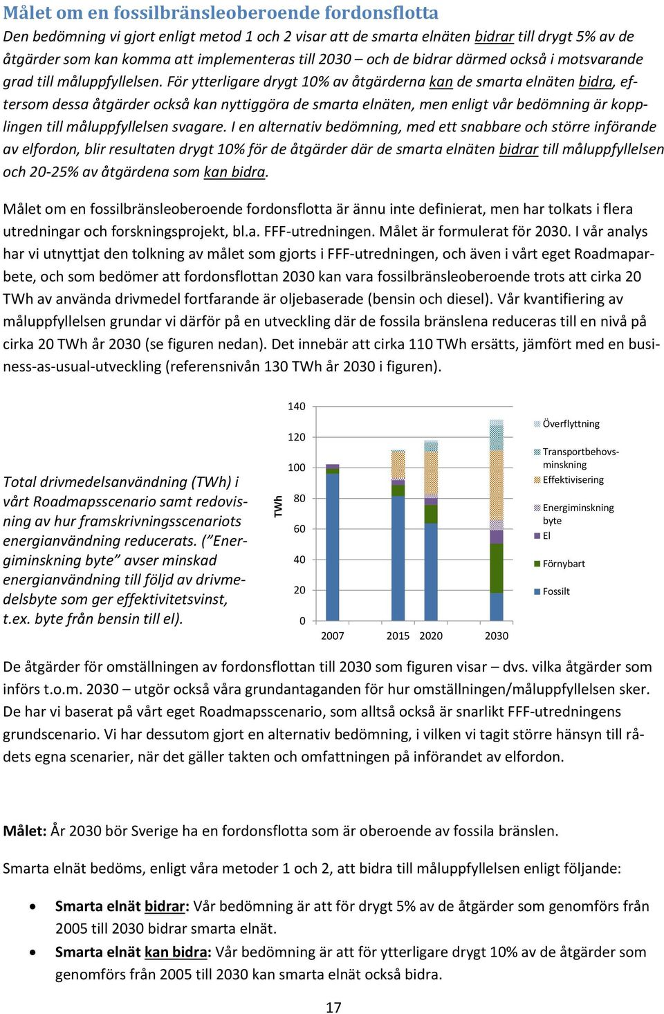 För ytterligare drygt 10% av åtgärderna kan de smarta elnäten bidra, eftersom dessa åtgärder också kan nyttiggöra de smarta elnäten, men enligt vår bedömning är kopplingen till måluppfyllelsen