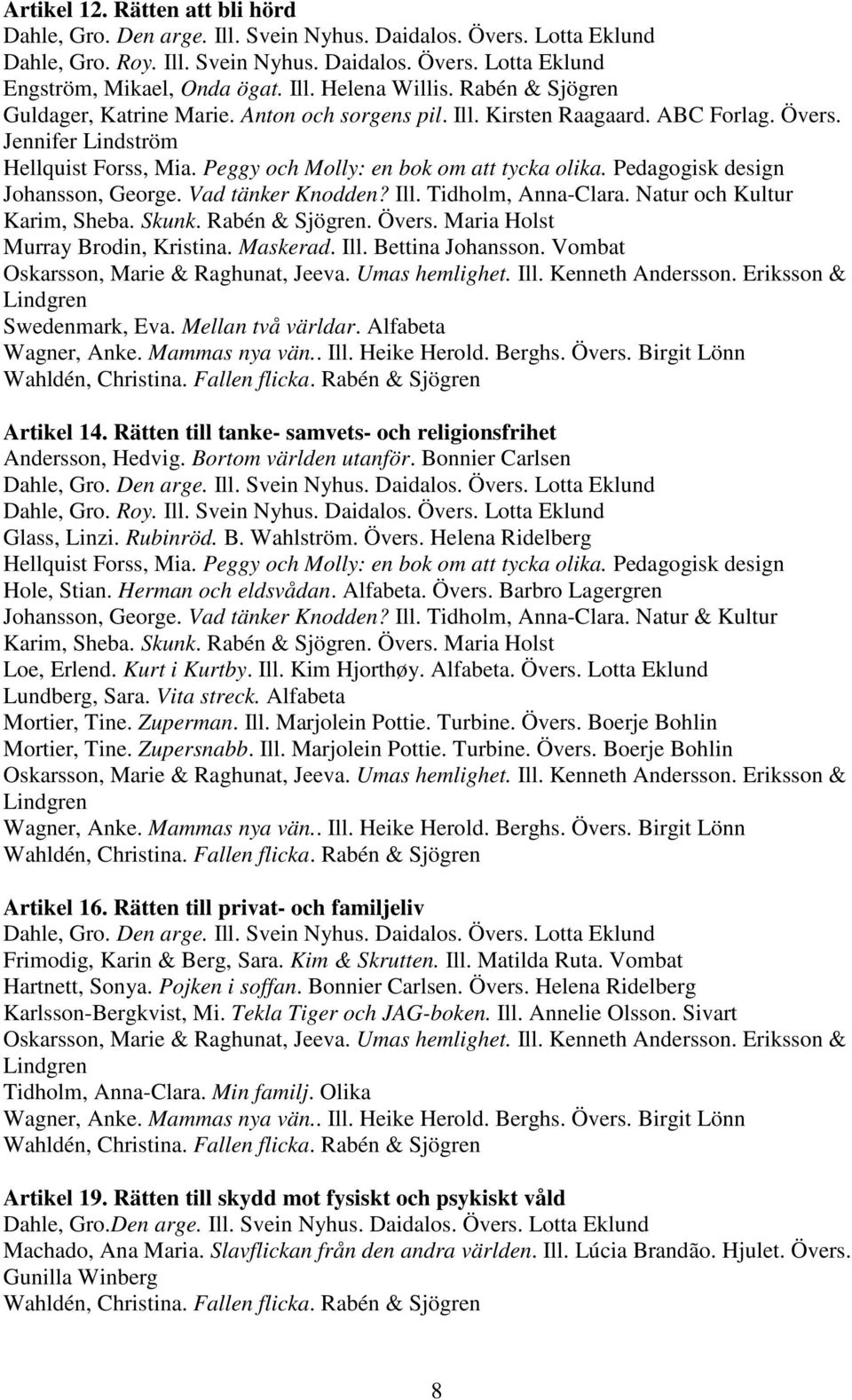 Pedagogisk design Johansson, George. Vad tänker Knodden? Ill. Tidholm, Anna-Clara. Natur och Kultur Karim, Sheba. Skunk. Rabén & Sjögren. Övers. Maria Holst Murray Brodin, Kristina. Maskerad. Ill. Bettina Johansson.