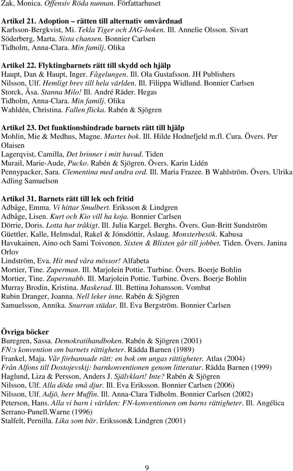 JH Publishers Nilsson, Ulf. Hemligt brev till hela världen. Ill. Filippa Widlund. Bonnier Carlsen Storck, Åsa. Stanna Milo! Ill. André Räder. Hegas Tidholm, Anna-Clara. Min familj. Olika Artikel 23.