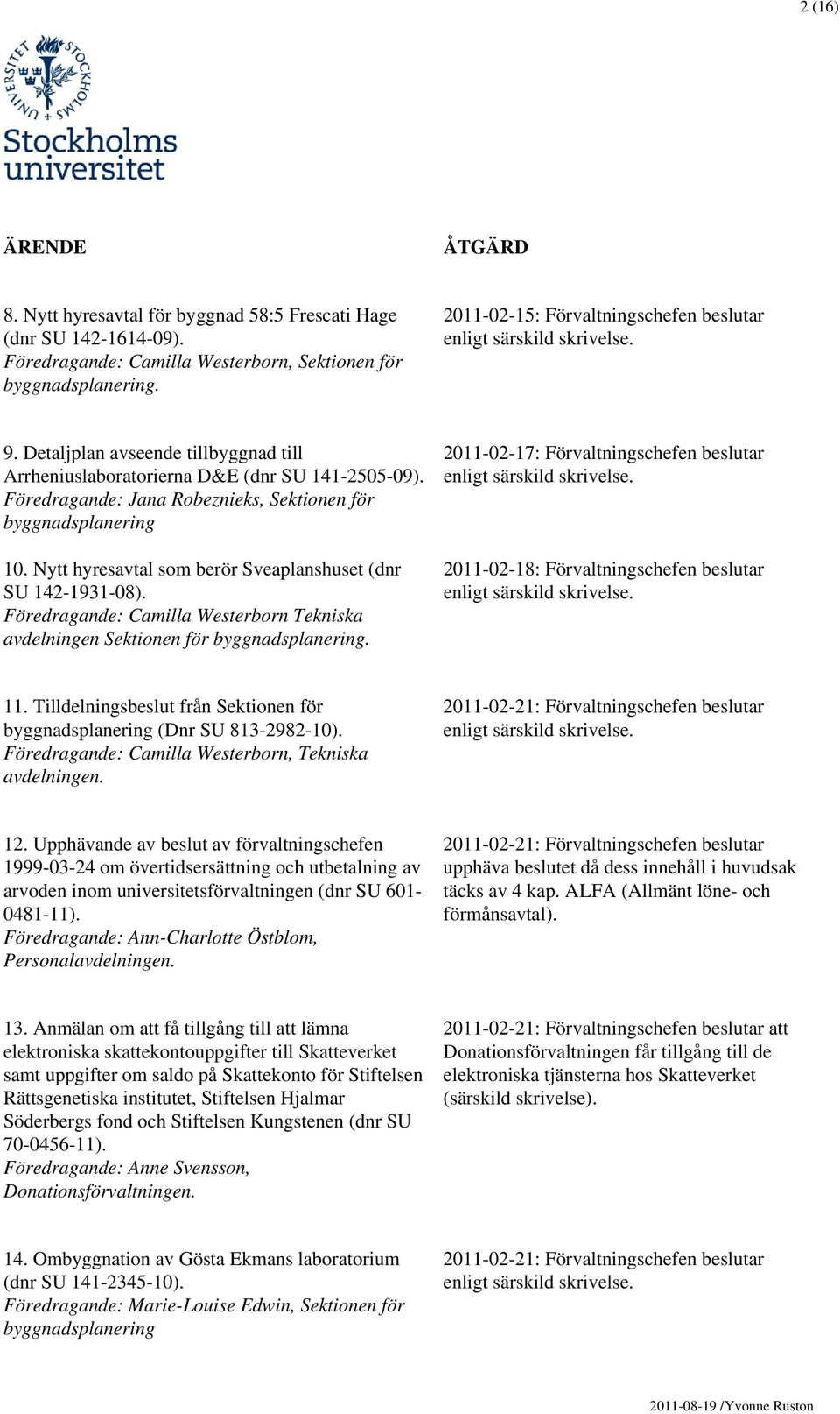 Nytt hyresavtal som berör Sveaplanshuset (dnr SU 142-1931-08).