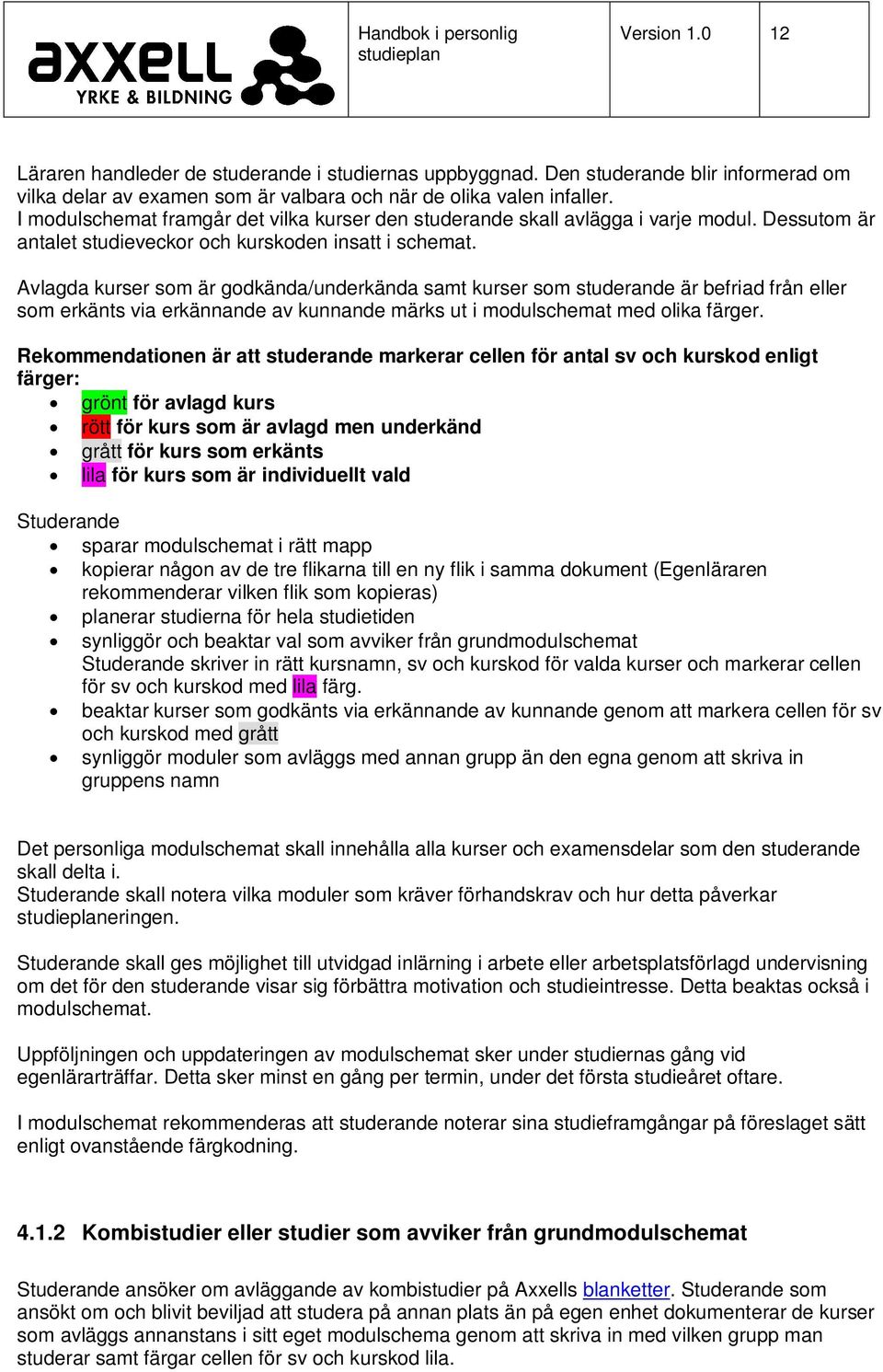 Avlagda kurser som är godkända/underkända samt kurser som studerande är befriad från eller som erkänts via erkännande av kunnande märks ut i modulschemat med olika färger.