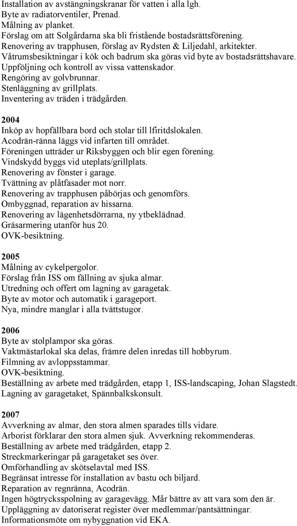 Rengöring av golvbrunnar. Stenläggning av grillplats. Inventering av träden i trädgården. 2004 Inköp av hopfällbara bord och stolar till lfiritdslokalen. Acodrän-ränna läggs vid infarten till området.