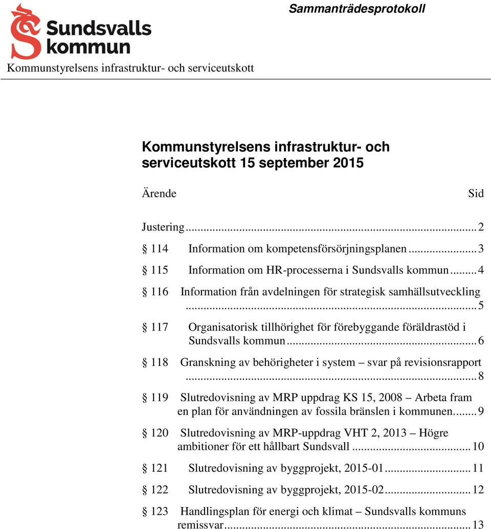 .. 5 117 Organisatorisk tillhörighet för förebyggande föräldrastöd i Sundsvalls kommun... 6 118 Granskning av behörigheter i system svar på revisionsrapport.