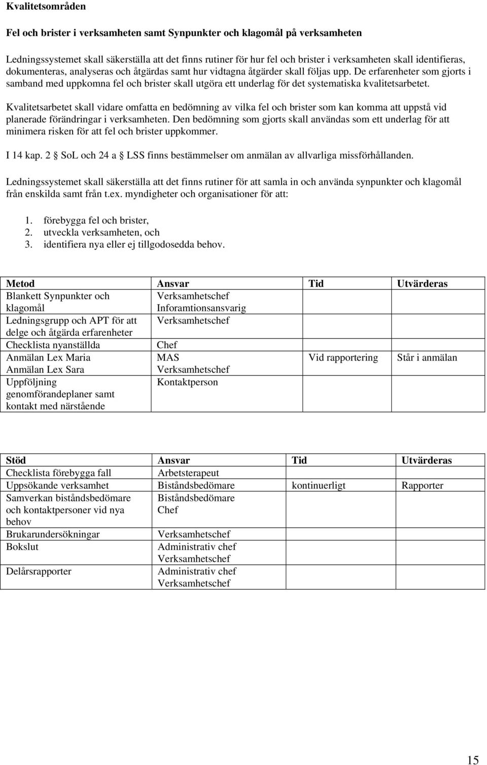 De erfarenheter som gjorts i samband med uppkomna fel och brister skall utgöra ett underlag för det systematiska kvalitetsarbetet.