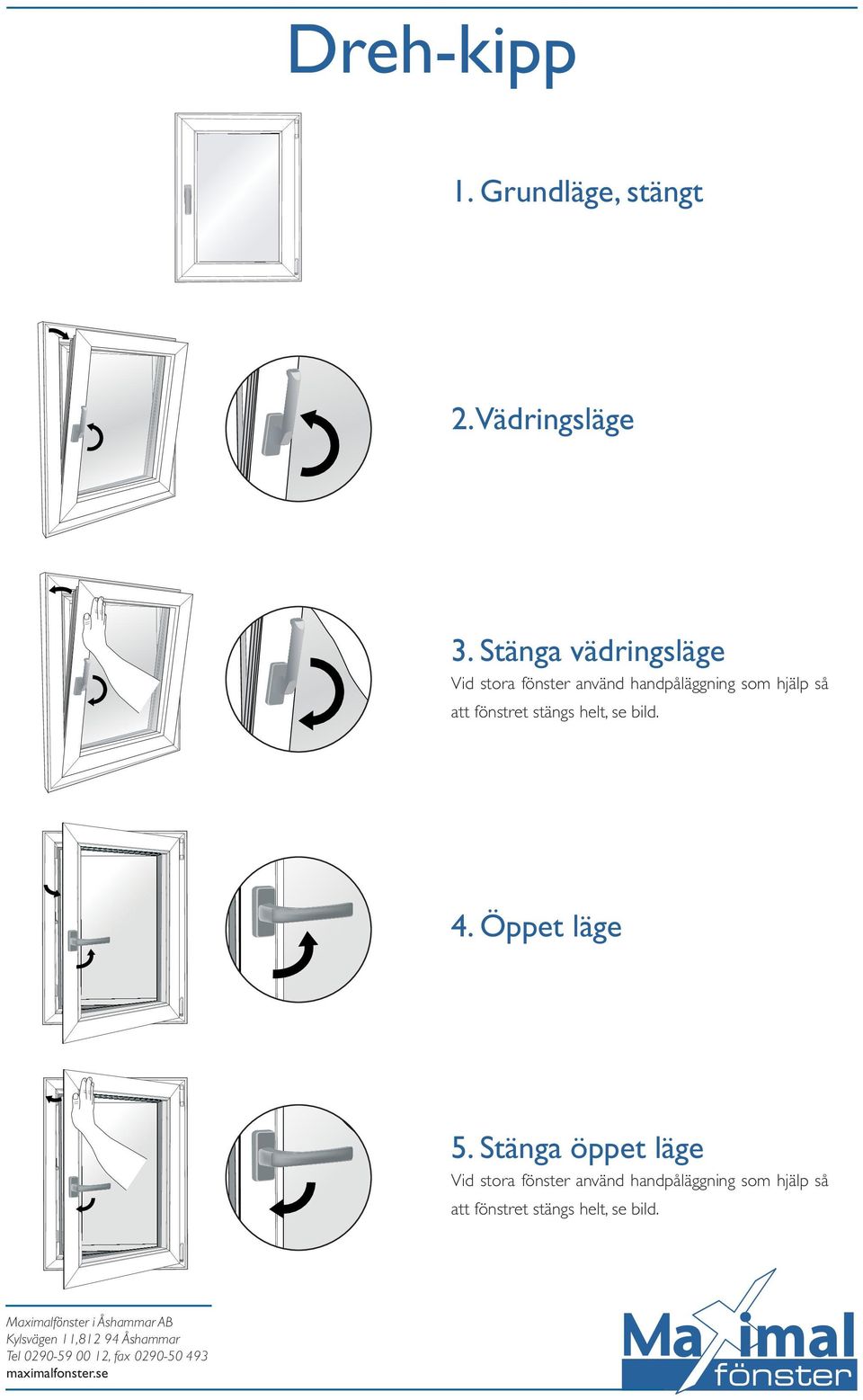 så att fönstret stängs helt, se bild. 4. Öppet läge 5.