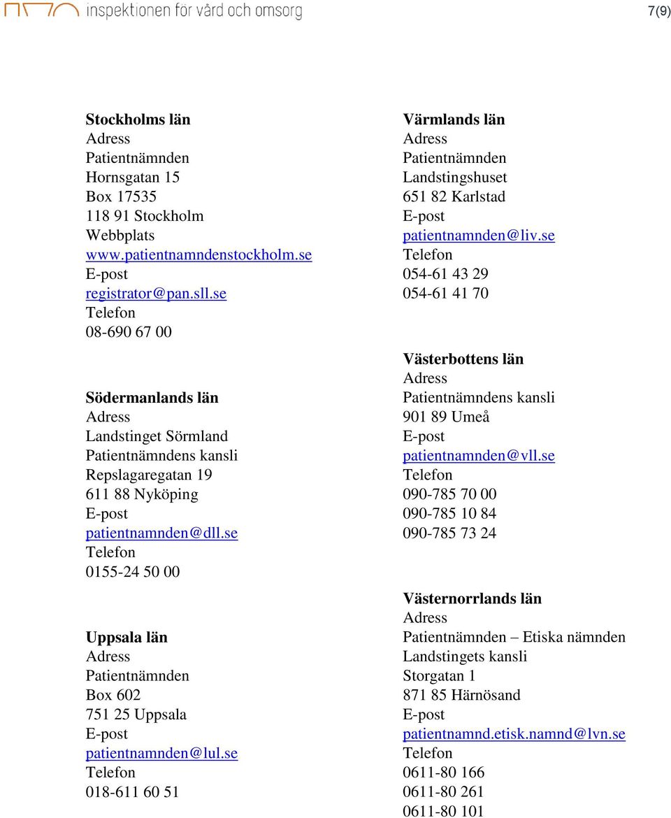 se 0155-24 50 00 Uppsala län Box 602 751 25 Uppsala patientnamnden@lul.se 018-611 60 51 Värmlands län Landstingshuset 651 82 Karlstad patientnamnden@liv.