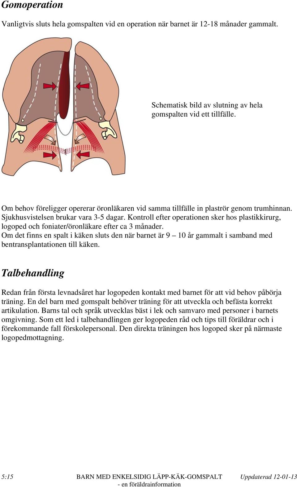 Kontroll efter operationen sker hos plastikkirurg, logoped och foniater/öronläkare efter ca 3 månader.