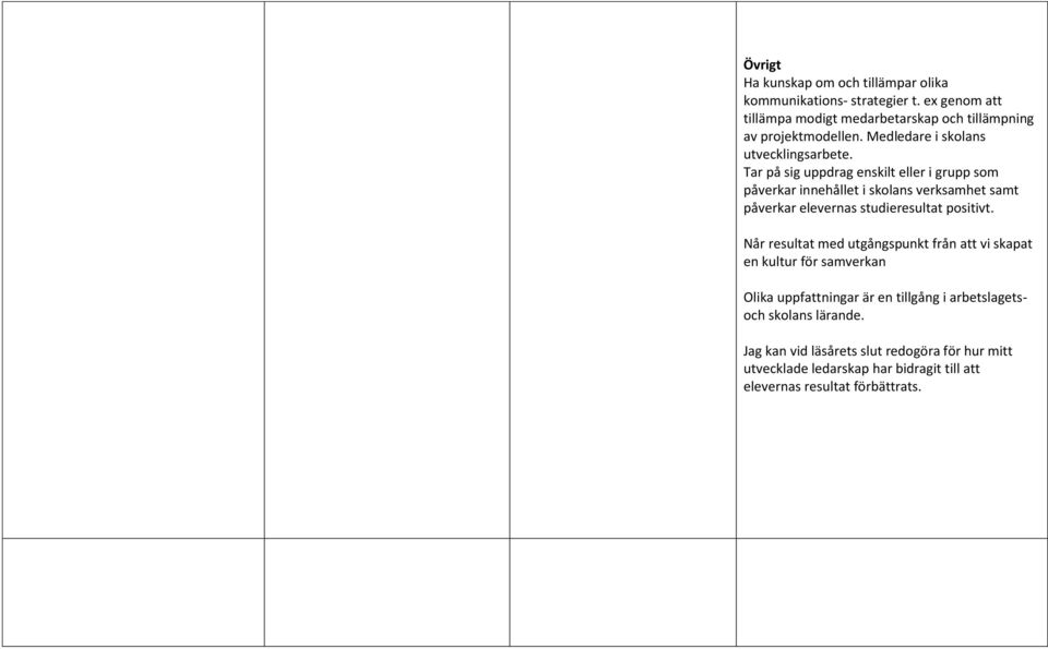 Tar på sig uppdrag enskilt eller i grupp som påverkar innehållet i skolans verksamhet samt påverkar elevernas studieresultat positivt.