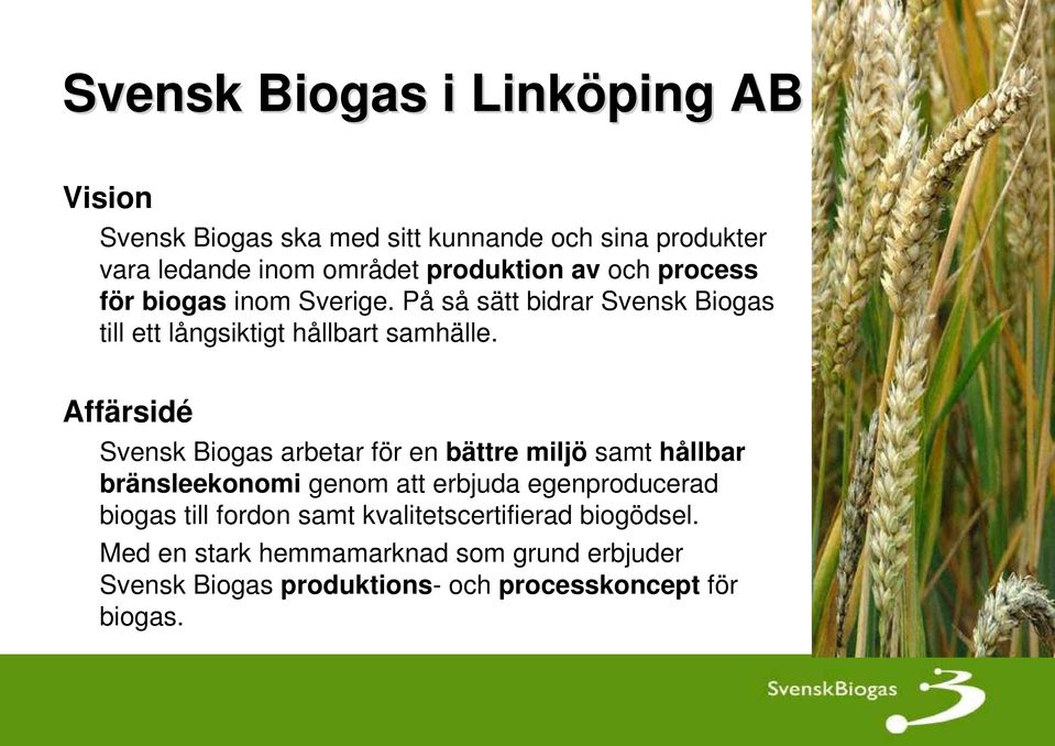 Affärsidé Svensk Biogas arbetar för en bättre miljö samt hållbar bränsleekonomi genom att erbjuda egenproducerad biogas till