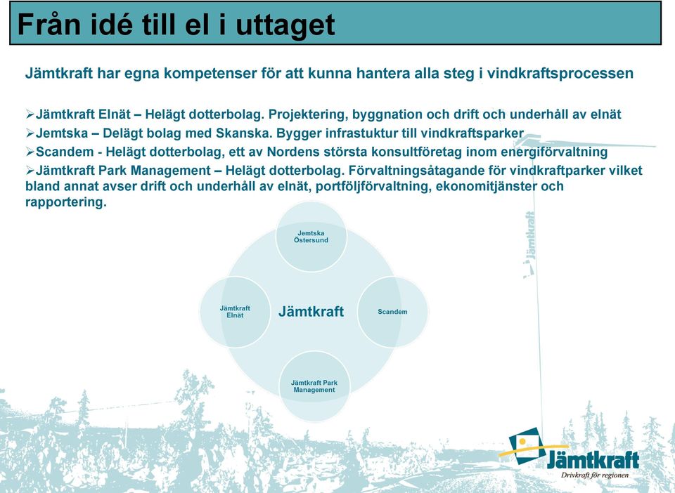 Bygger infrastuktur till vindkraftsparker Ø Scandem - Helägt dotterbolag, ett av Nordens största konsultföretag inom energiförvaltning Ø