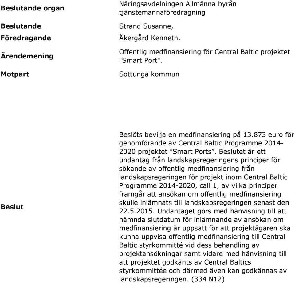 et är ett undantag från landskapsregeringens principer för sökande av offentlig medfinansiering från landskapsregeringen för projekt inom Central Baltic Programme 2014-2020, call 1, av vilka