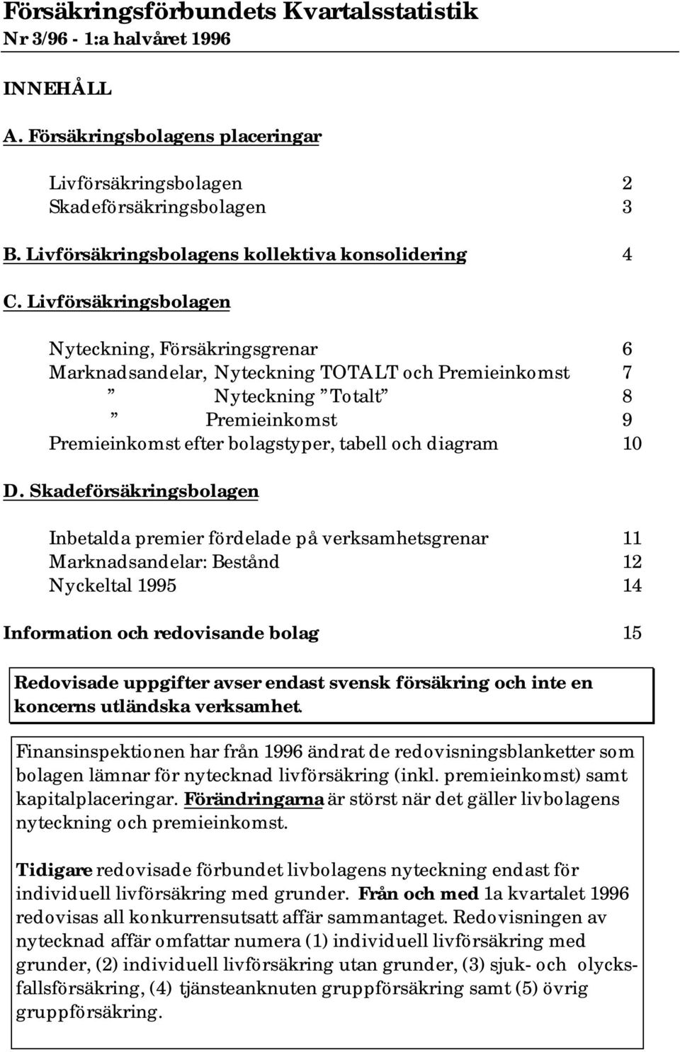 Livförsäkringsbolagen Nyteckning, Försäkringsgrenar 6 Marknadsandelar, Nyteckning TOTALT och Premieinkomst 7 Nyteckning Totalt 8 Premieinkomst 9 Premieinkomst efter bolagstyper, tabell och diagram D.