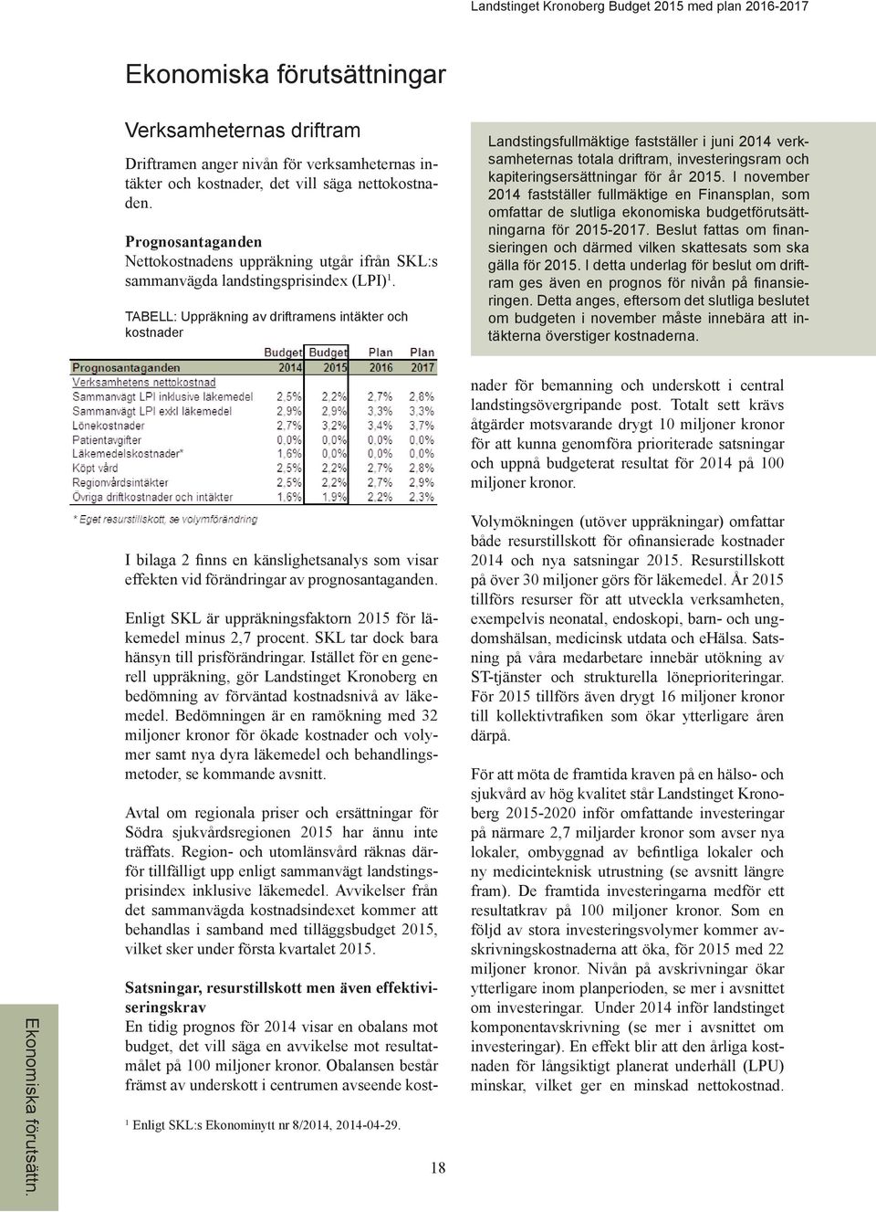 TABELL: Uppräkning av driftramens intäkter och kostnader Landstingsfullmäktige fastställer i juni 2014 verksamheternas totala driftram, investeringsram och kapiteringsersättningar för år 2015.