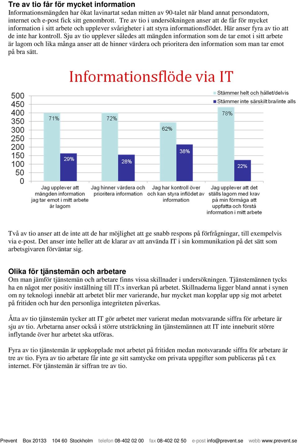 Sju av tio upplever således att mängden information som de tar emot i sitt arbete är lagom och lika många anser att de hinner värdera och prioritera den information som man tar emot på bra sätt.