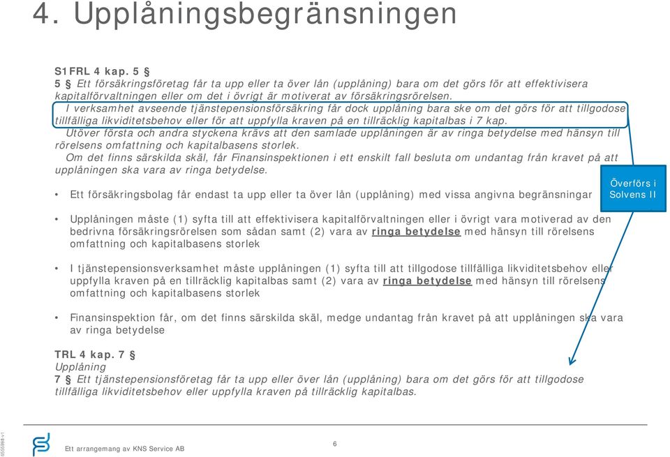 I verksamhet avseende tjänstepensionsförsäkring får dock upplåning bara ske om det görs för att tillgodose tillfälliga likviditetsbehov eller för att uppfylla kraven på en tillräcklig kapitalbas i 7