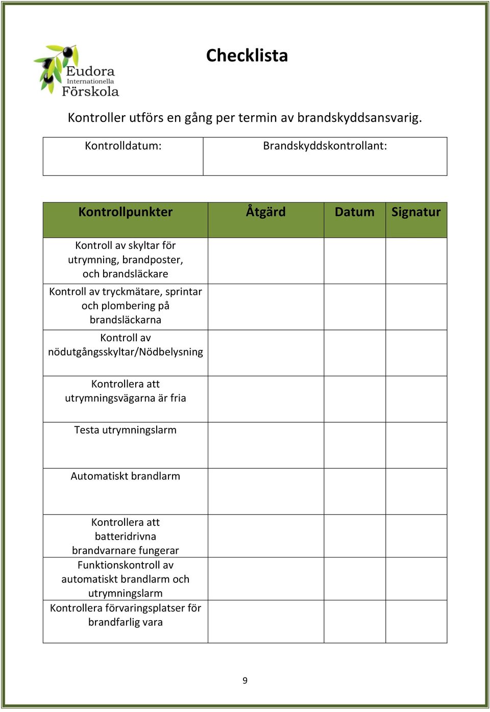 Kontroll av tryckmätare, sprintar och plombering på brandsläckarna Kontroll av nödutgångsskyltar/nödbelysning Kontrollera att utrymningsvägarna