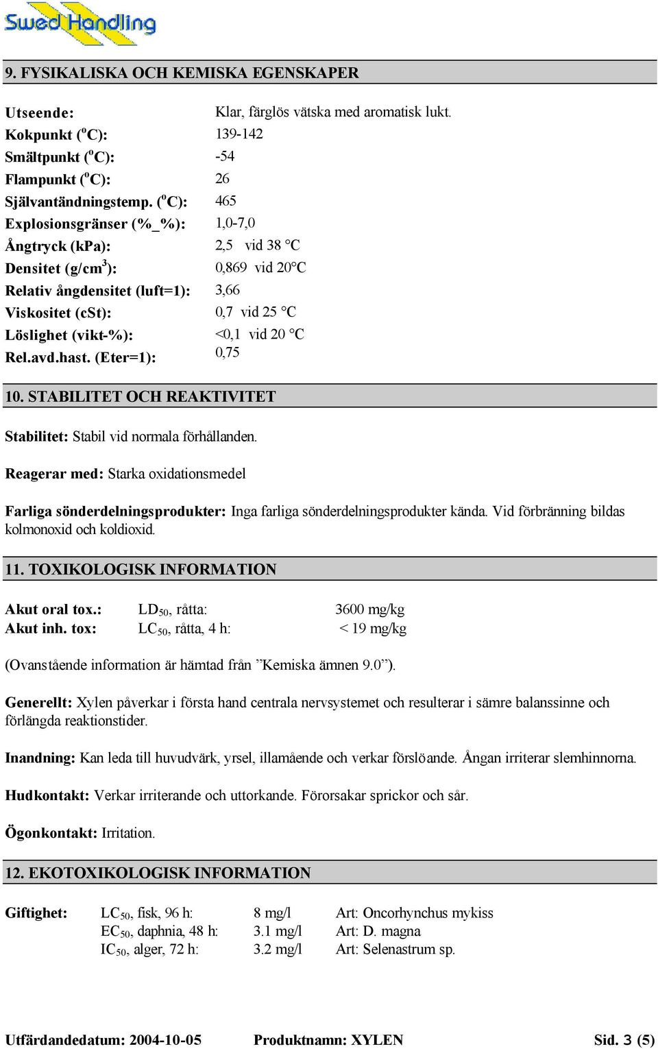 vid 20 C Rel.avd.hast. (Eter=1): 0,75 10. STABILITET OCH REAKTIVITET Stabilitet: Stabil vid normala förhållanden. Reagerar med: Starka oxidationsmedel Klar, färglös vätska med aromatisk lukt.