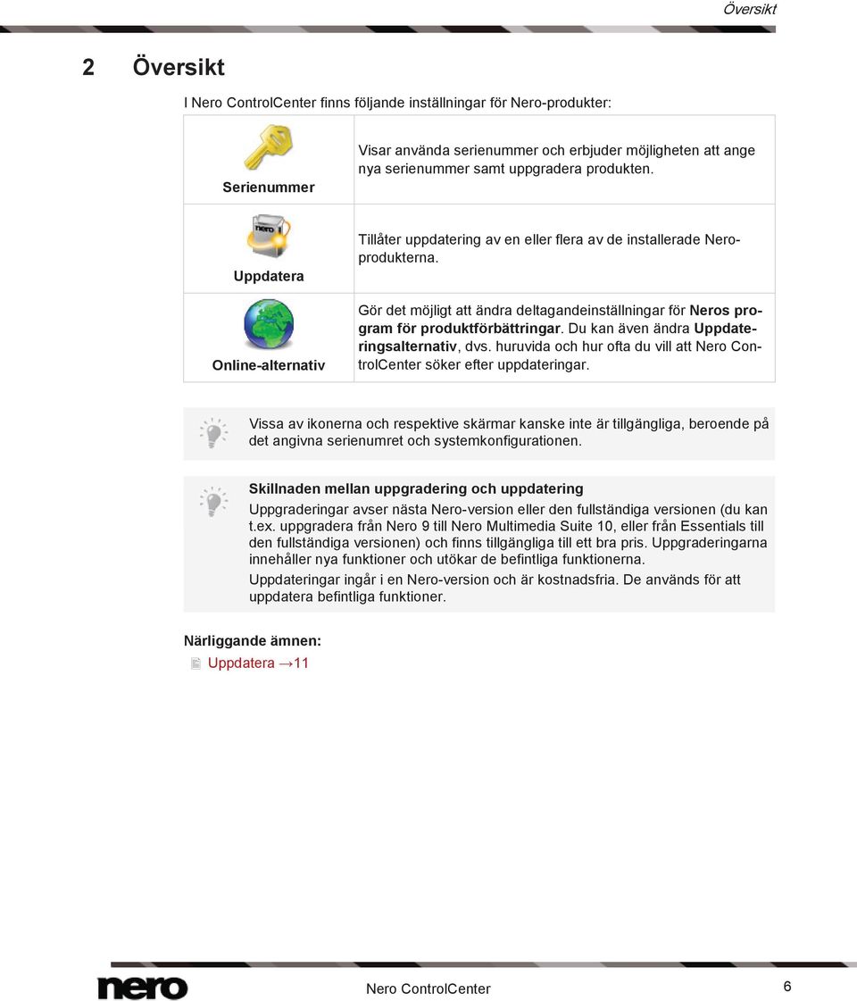 Gör det möjligt att ändra deltagandeinställningar för Neros program för produktförbättringar. Du kan även ändra Uppdateringsalternativ, dvs.