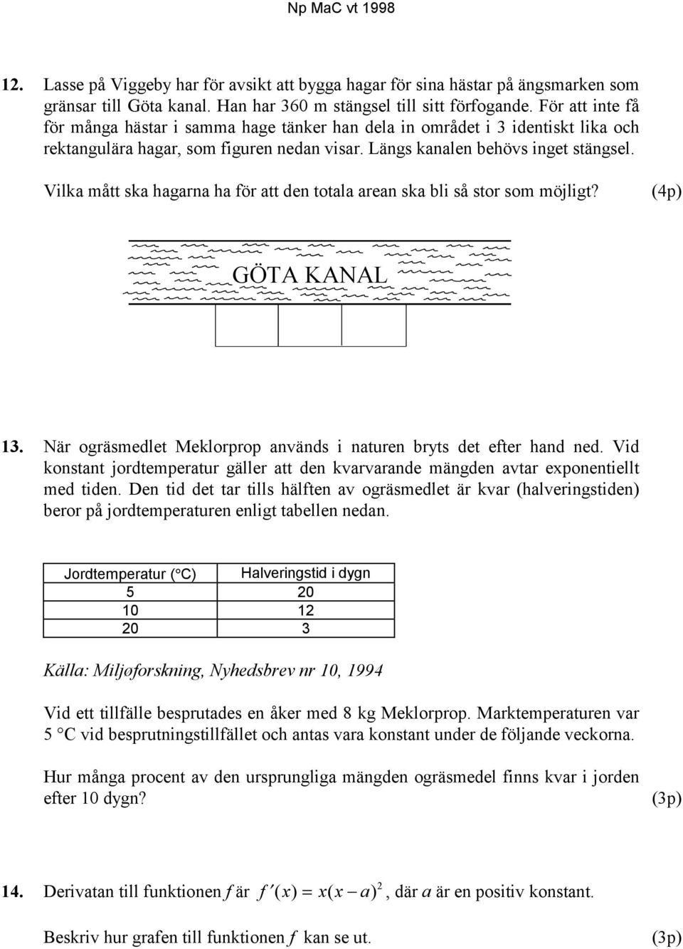 Vilka mått ska hagarna ha för att den totala arean ska bli så stor som möjligt? (4p) GÖTA KANAL 13. När ogräsmedlet Meklorprop används i naturen bryts det efter hand ned.