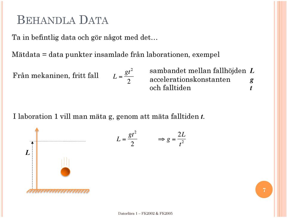 mellan fallhöjden L accelerationskonstanten g och falltiden t I laboration 1 vill