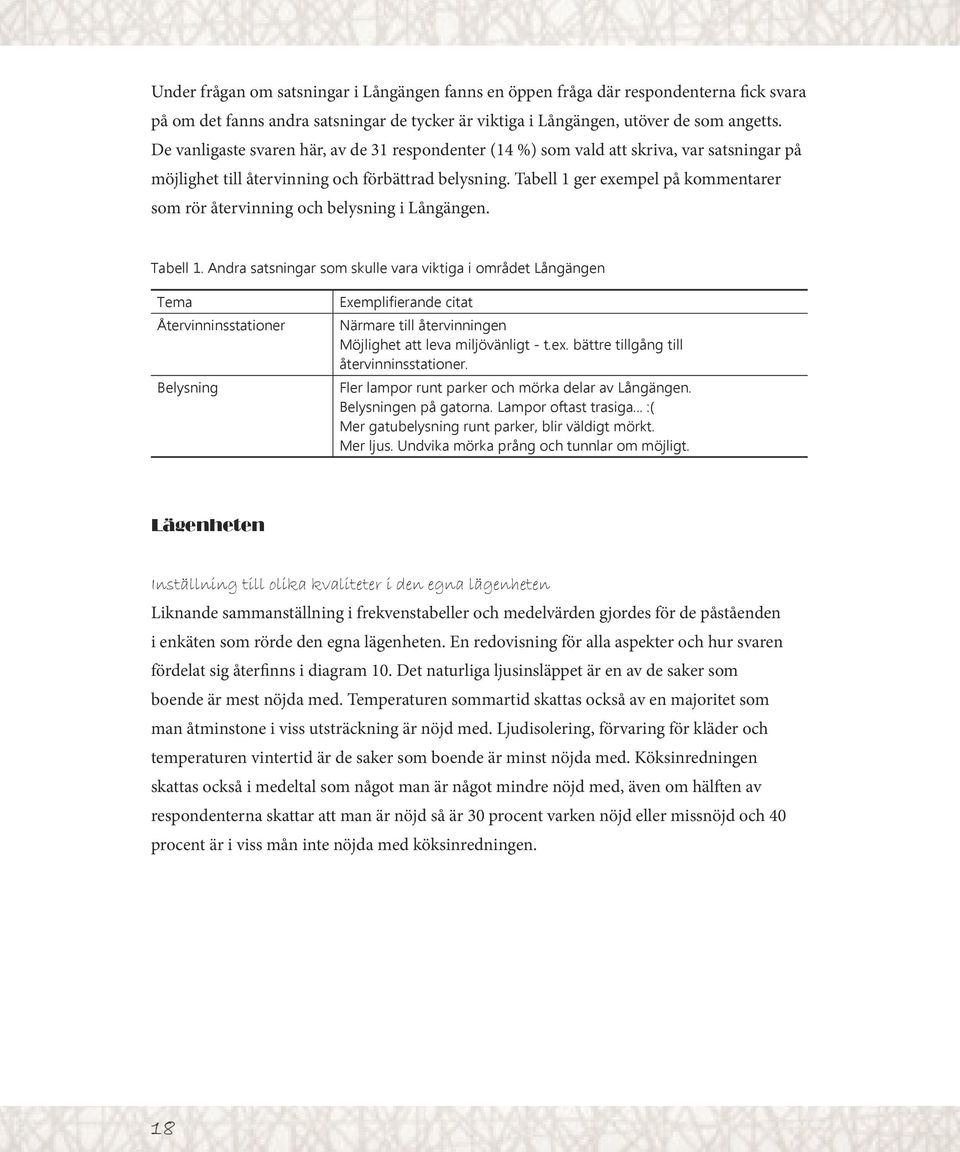 Tabell 1 ger exempel på kommentarer som rör återvinning och belysning i Långängen. Tabell 1.