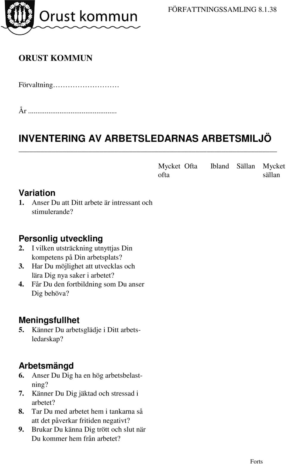 Har Du möjlighet att utvecklas och lära Dig nya saker i arbetet? 4. Får Du den fortbildning som Du anser Dig behöva? Meningsfullhet 5.