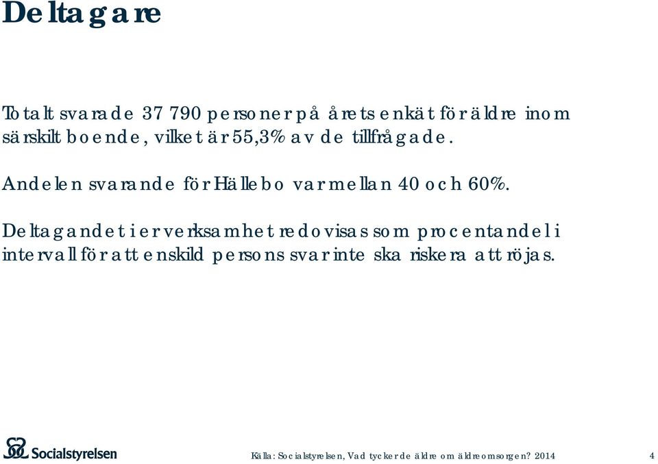 Deltagandet i er verksamhet redovisas som procentandel i intervall för att enskild persons