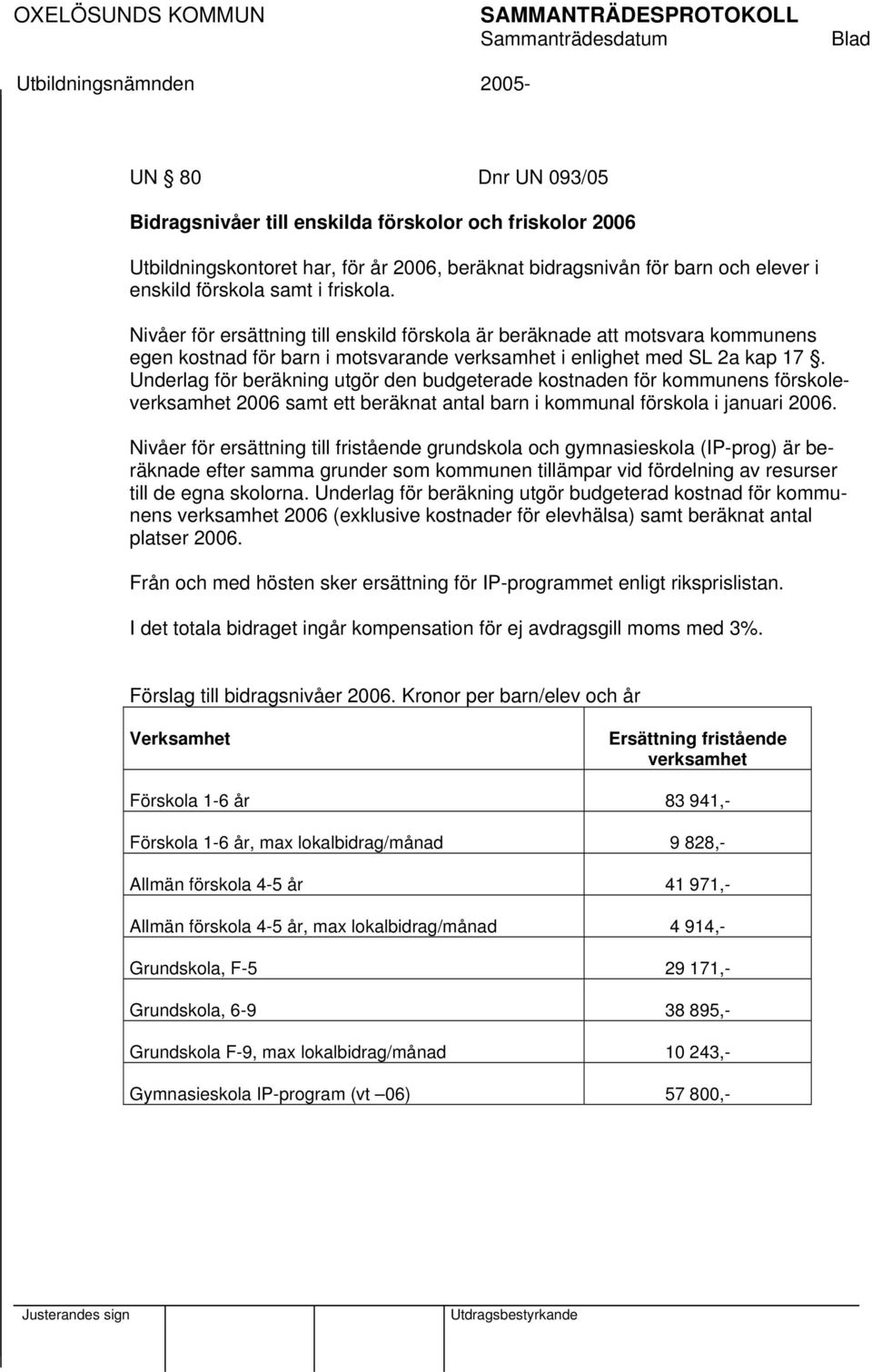 Underlag för beräkning utgör den budgeterade kostnaden för kommunens förskoleverksamhet 2006 samt ett beräknat antal barn i kommunal förskola i januari 2006.