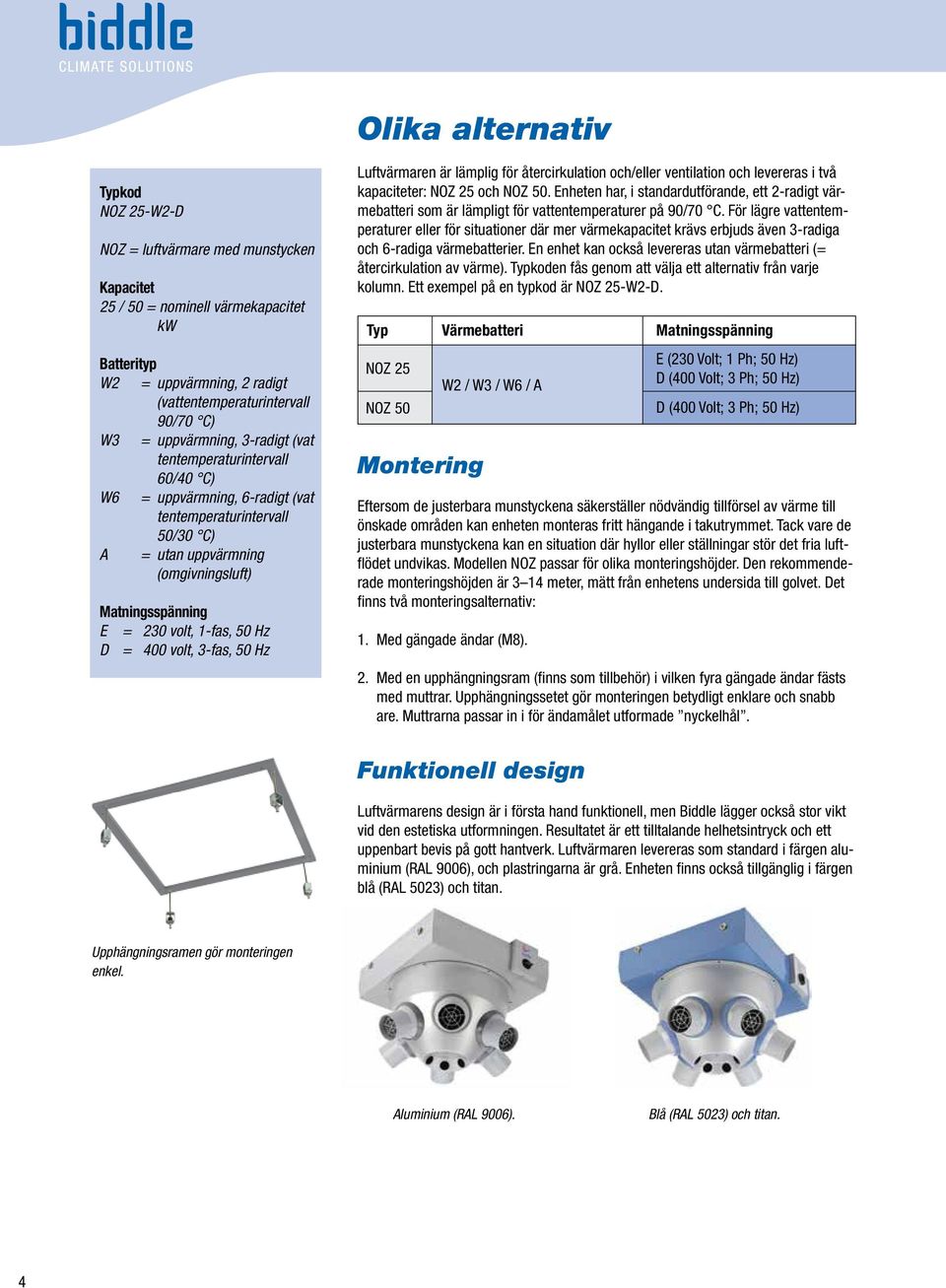 50 Hz D = 400 volt, 3-fas, 50 Hz Luftvärmaren är lämplig för återcirkulation och/eller ventilation och levereras i två kapaciteter: NOZ 25 och NOZ 50.