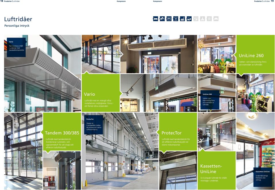 UniLine 260 Vatten- och elanslutning finns på ovansidan av luftridån. ProtecTor Tandem 300/385 Luftridå med tandemteknik.