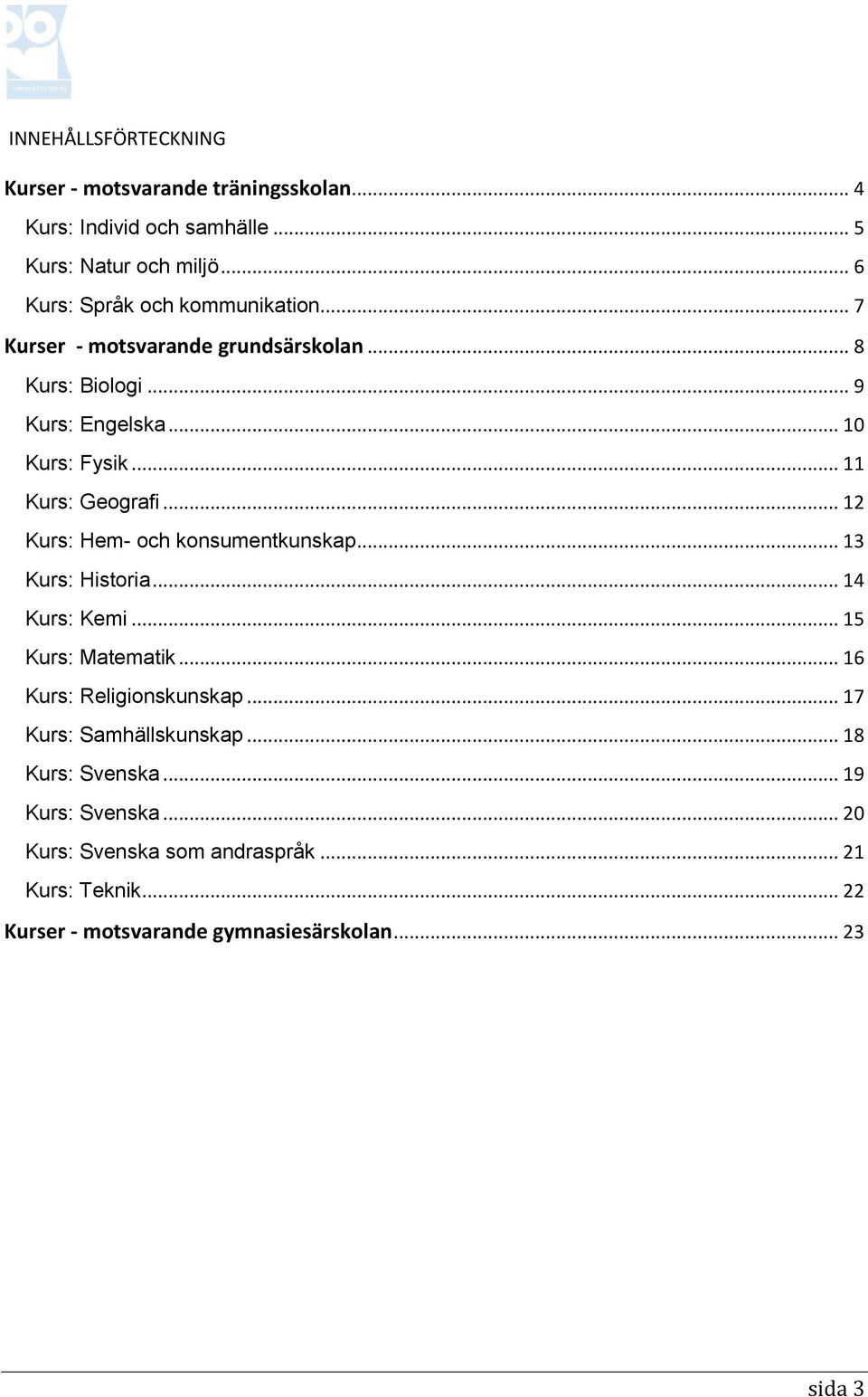 .. 11 Kurs: Geografi... 12 Kurs: Hem- och konsumentkunskap... 13 Kurs: Historia... 14 Kurs: Kemi... 15 Kurs: Matematik.